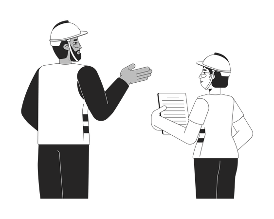 Diversos trabajadores de la construcción discutiendo proyectos.  Ilustración