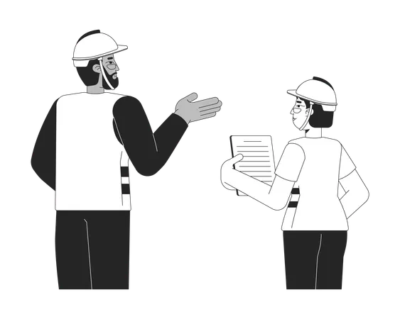 Diversos trabajadores de la construcción discutiendo proyectos.  Ilustración