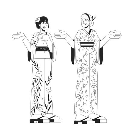 Diversos turistas japoneses vistiendo kimono  Ilustración
