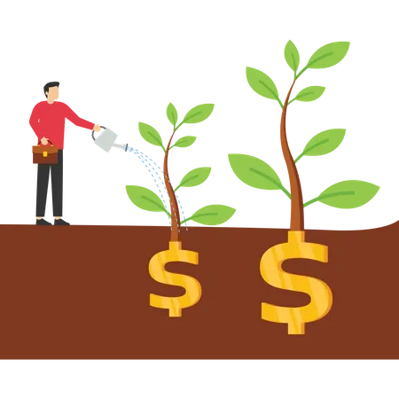 Dividend Investment Concept Prosperity And Economic Growth Or Business Saving And Profit Concept Happy Businessman Investor Holding Watering Can To Water The Seeds He Planted From Dollar Sign Illustration