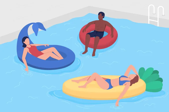 Divertirse con amigos en la piscina.  Ilustración