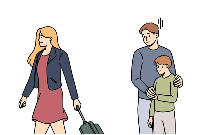 Divorce parents traumatizes child and experiences stress because of mother with suitcase leaving family  Illustration