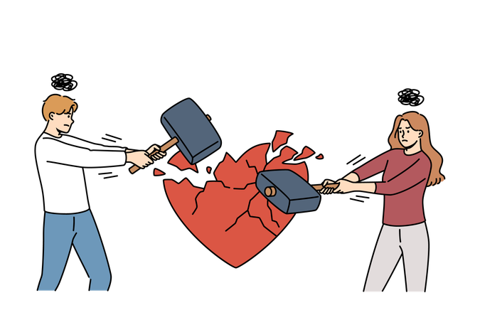 Divorced couple breaking heart with hammer  Illustration