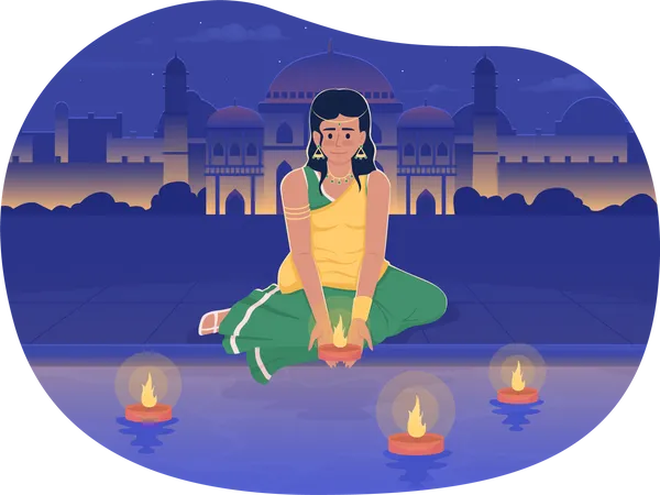 Chica de Diwali poniendo diya en el río  Ilustración