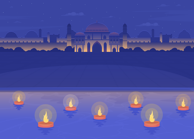 Diwali diyas flotando en el río Ganges  Ilustración