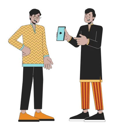 Diwali Festival Online Line Cartoon Flat Illustration Indian Man Showing Smartphone 2 D Lineart Characters Isolated On White Background Online Shopping During Deepawali Party Scene Vector Color Image Illustration