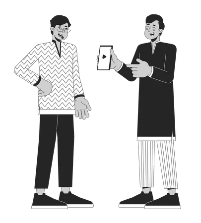 Diwali Festival Online Black And White Cartoon Flat Illustration Indian Man Showing Smartphone 2 D Lineart Characters Isolated Online Shopping During Deepawali Monochrome Scene Vector Outline Image Illustration