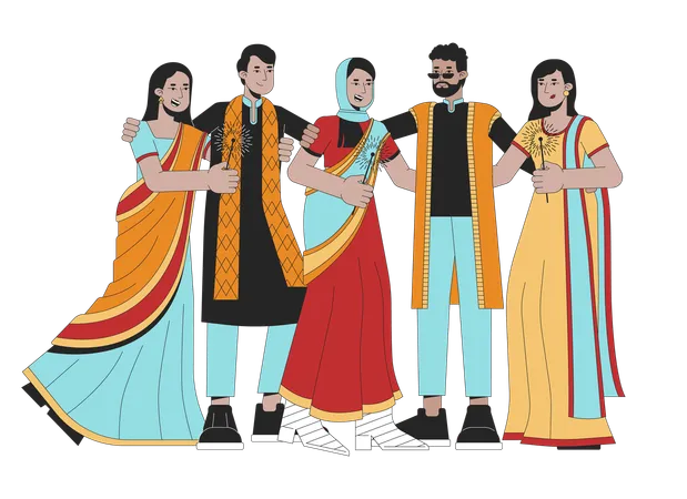 Diwali Festival Sparkles Line Cartoon Flat Illustration Celebrating Indians South Asians In Ethnic Wear 2 D Lineart Characters Isolated On White Background Happy Deepawali Scene Vector Color Image Illustration