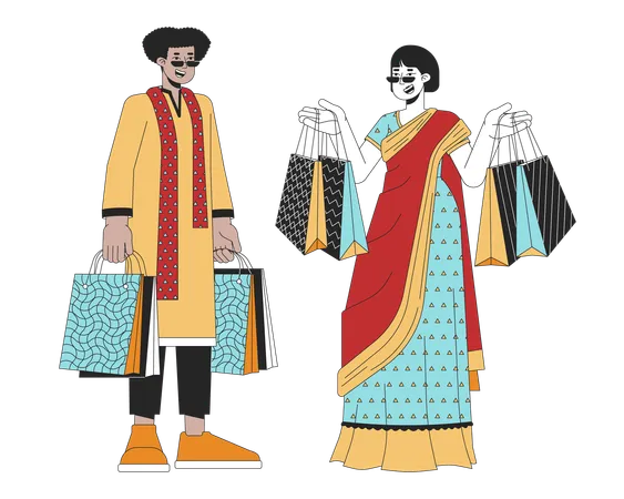 Diwali Gift Bags Line Cartoon Flat Illustration Indian Ethnic Wear People Diverse 2 D Lineart Characters Isolated On White Background Indian Festival Of Lights Shopping Scene Vector Color Image Illustration