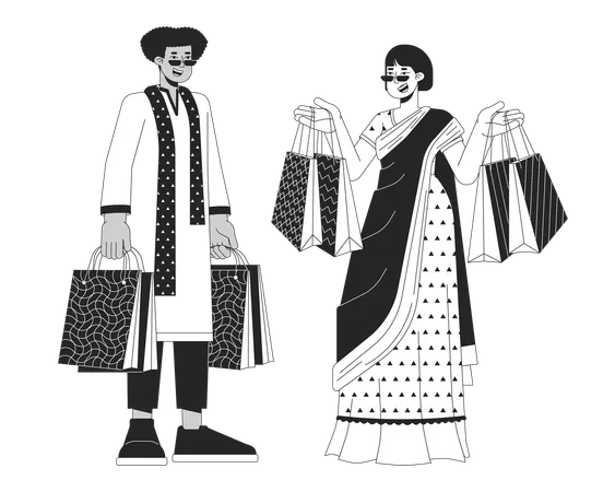 Diwali Gift Bags Black And White Cartoon Flat Illustration Indian Ethnic Wear People Diverse 2 D Lineart Characters Isolated Indian Festival Of Lights Shopping Monochrome Scene Vector Outline Image Illustration