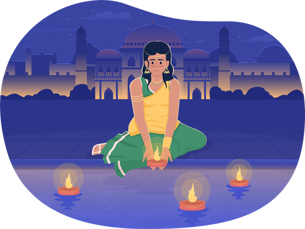 Diwali girl setting diya on river Illustration