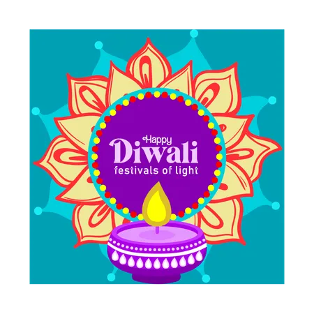 Decorações Diwali Rangoli e lâmpadas de óleo acesas  Ilustração