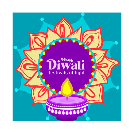 Diwali Rangoli decorations and burning oil lamps  Illustration