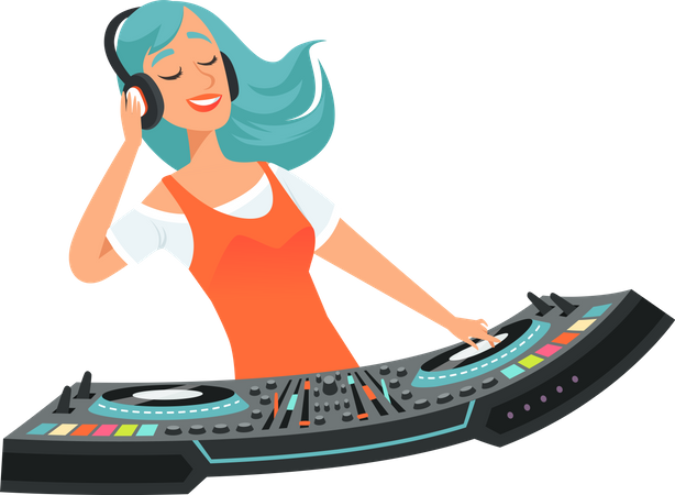 Chica dj tocando música  Ilustración