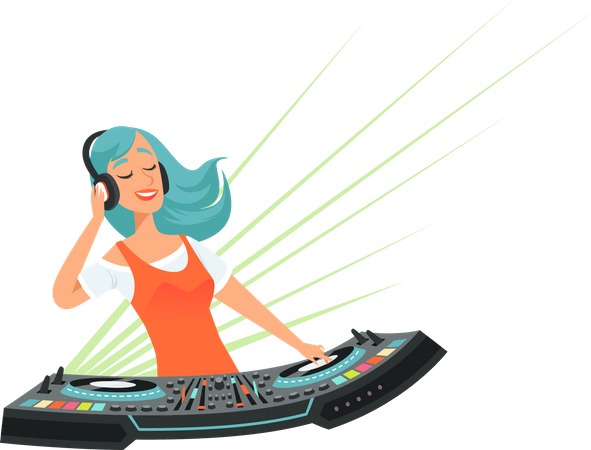 Chica dj tocando música  Ilustración