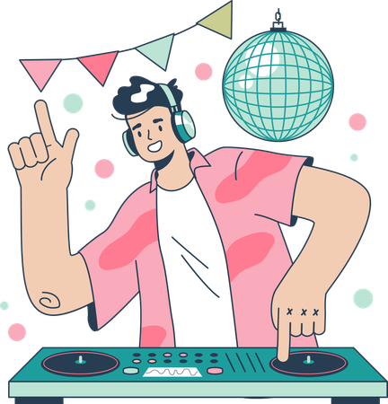 DJ debout à la table de mixage fait de la musique en club  Illustration