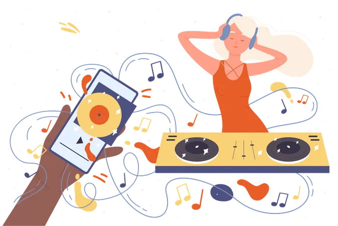 DJ In Headphones Mixing Music At Live Stream For Audience Cartoon Hand Holding Mobile Phone With Radio App To Listen Sound Download And Dance Entertainment Dark Concept Flat Vector Illustration Illustration