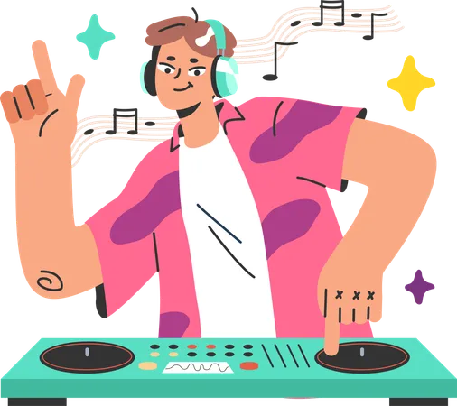 Dj homme jouant une chanson dans une soirée dj  Illustration