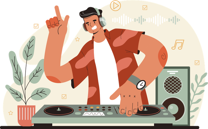 Hombre dj tocando música en dj  Illustration