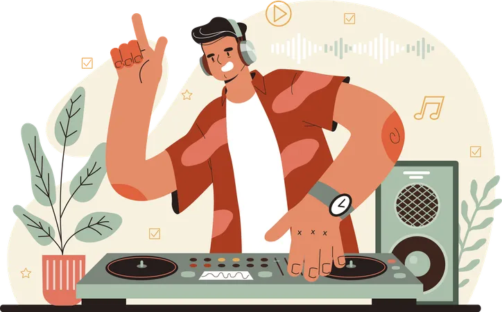 Hombre dj tocando música en dj  Illustration