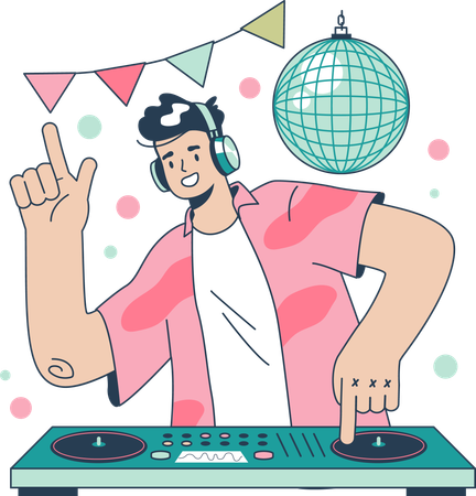 DJ parado en el mezclador giratorio hace música en el club  Ilustración