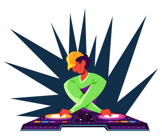 Persona DJ parada en la consola de audio  Ilustración