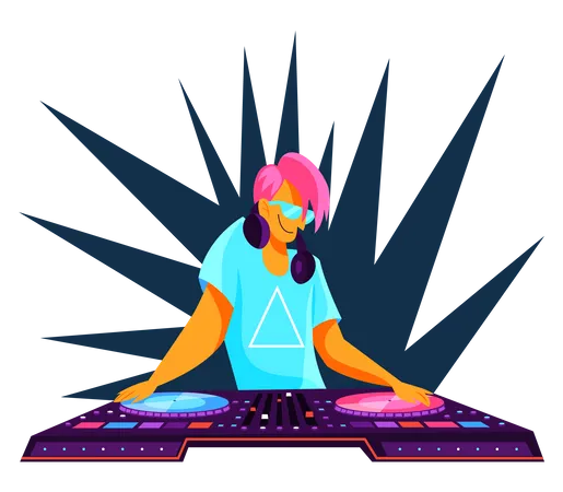 Pessoa DJ em pé no console de áudio  Ilustração