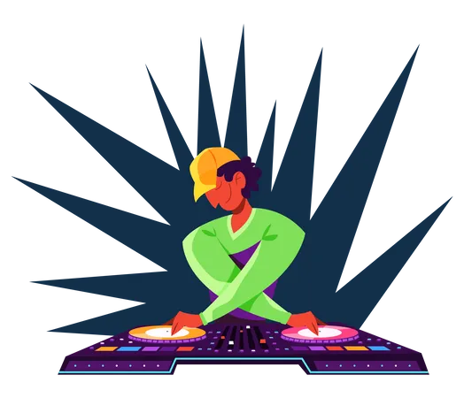 Pessoa DJ em pé no console de áudio  Ilustração