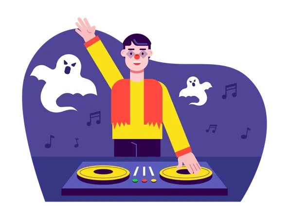 DJ playing music at Halloween costume party  Illustration