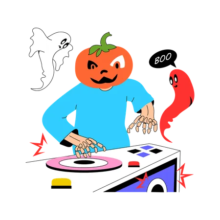 ハロウィーンパーティーで音楽を演奏するDJ  イラスト