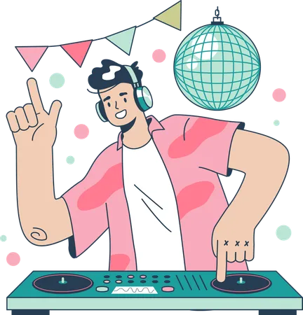 DJ standing at turntable mixer make music in club  Illustration