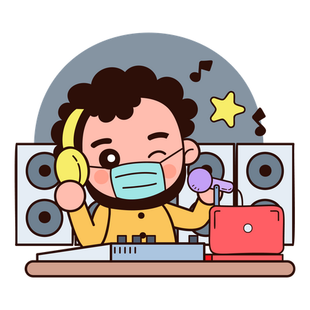 Dj wearing face mask and playing music Illustration