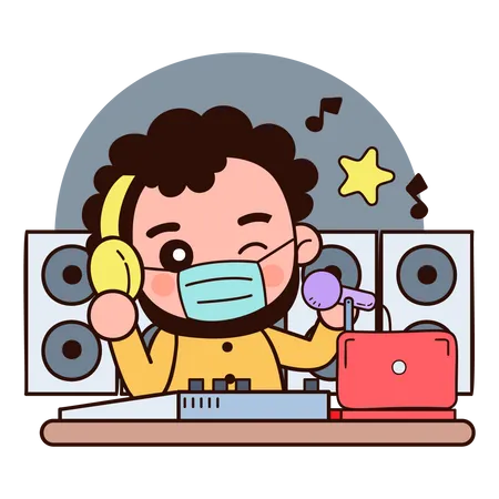 Dj wearing face mask and playing music  Illustration