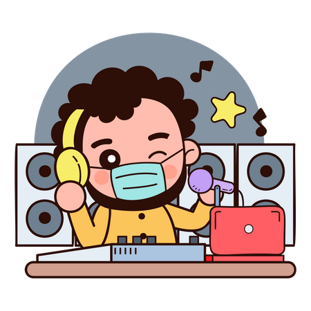 Dj wearing face mask and playing music  Illustration