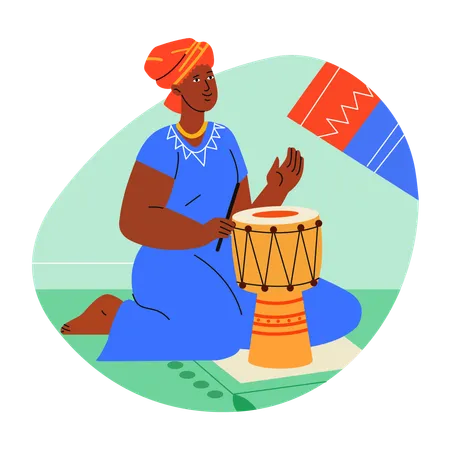 Mujer tocando el djembé con un tambor conga  Ilustración