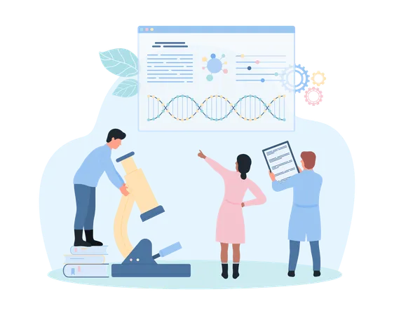 DNA Research By Scientists In Laboratory Vector Illustration Cartoon Tiny People Study Digital Infographic Charts And Microscope Report Gene And DNA Analysis In Medicine And Genetics Biotechnology イラスト