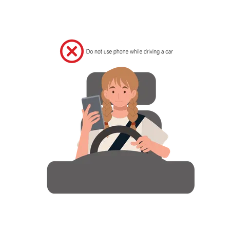 Safety Driving Rules Concept Phone While Driving Do Not Use Mobile A Woman Is Using The Phone While Driving A Car Flat Vector Cartoon Illustration 일러스트레이션