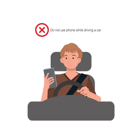 Safety Driving Rules Concept Phone While Driving Do Not Use Mobile A Man Is Using The Phone While Driving A Car Flat Vector Cartoon Illustration Illustration