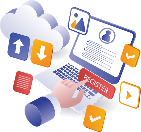 Do online registration with a laptop  Illustration