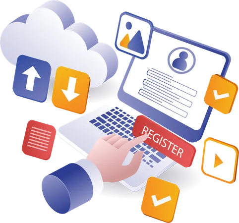 Do online registration with a laptop  Illustration