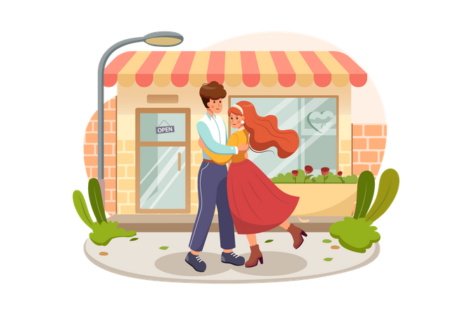 Doce casal se abraçando no meio da rua de uma forma romântica  Ilustração