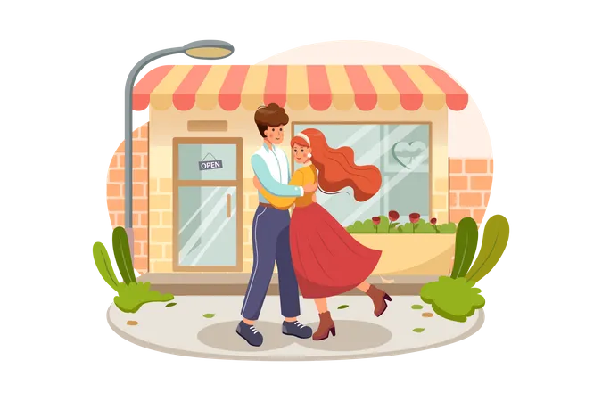 Doce casal se abraçando no meio da rua de uma forma romântica  Ilustração