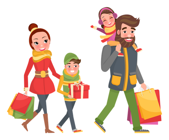 Doce família fazendo compras no natal  Ilustração