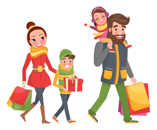 Doce família fazendo compras no natal  Ilustração