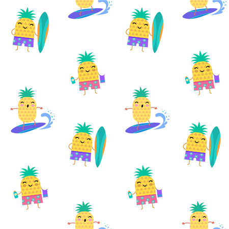 Doce padrão sem costura de verão - personagens fofinhos de abacaxi surfando  Ilustração