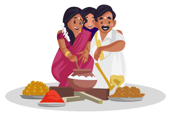 Família tamiliana indiana fazendo doces  Ilustração