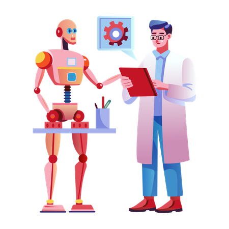 Médecin travaillant avec un assistant robot  Illustration