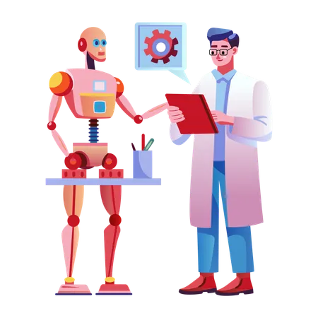 Médecin travaillant avec un assistant robot  Illustration