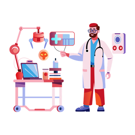 Médecin travaillant avec un robot médical  Illustration