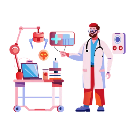 Médecin travaillant avec un robot médical  Illustration